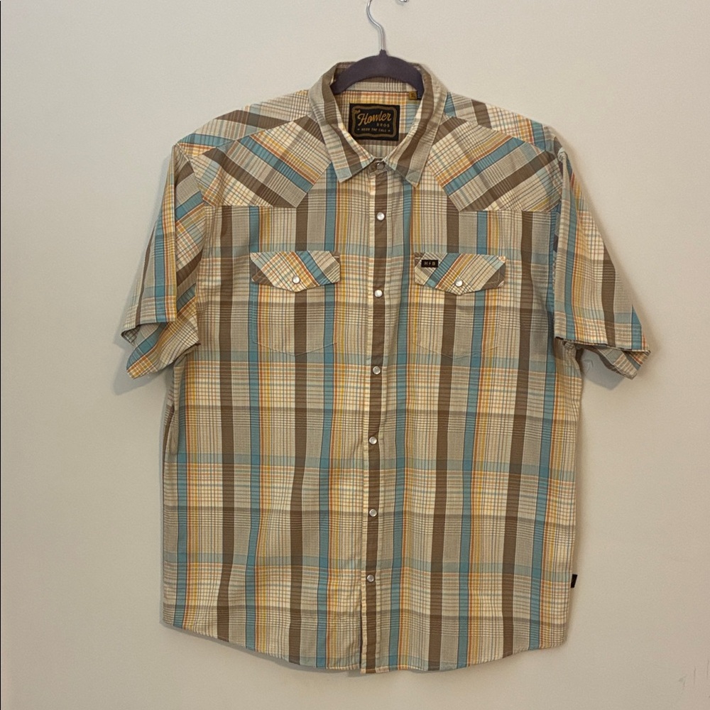 Howler Brothers Tan and Blue Plaid Button Down Shirt